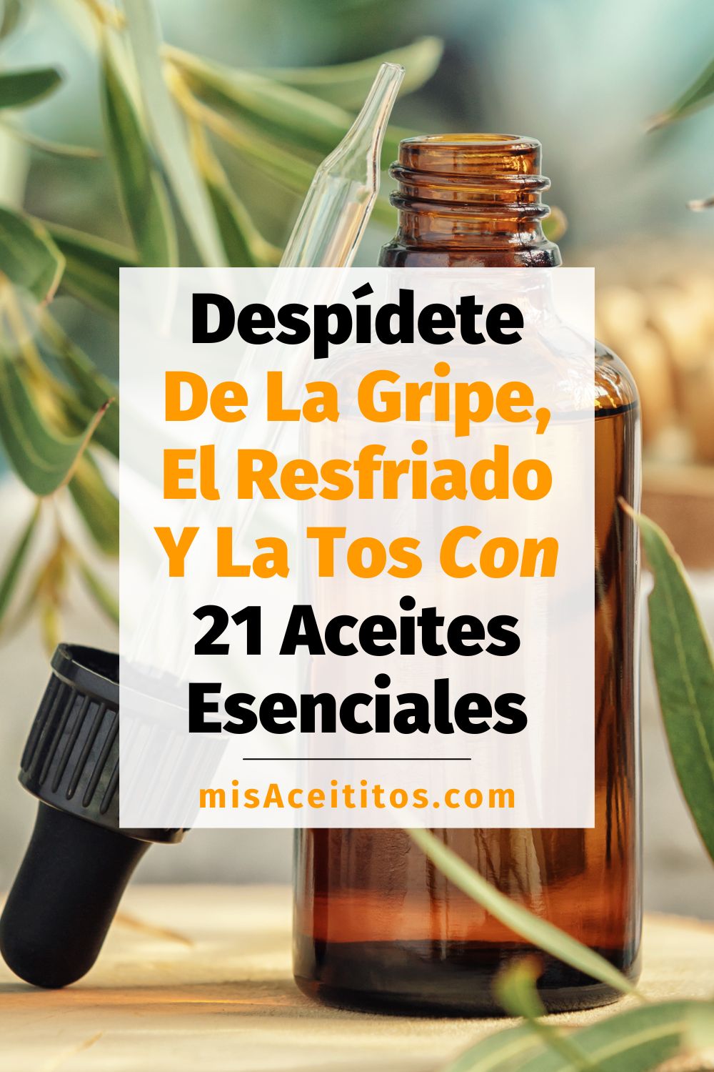 Botella de aceite esencial con pipeta y hojas alrededor, sobre superficie de madera.