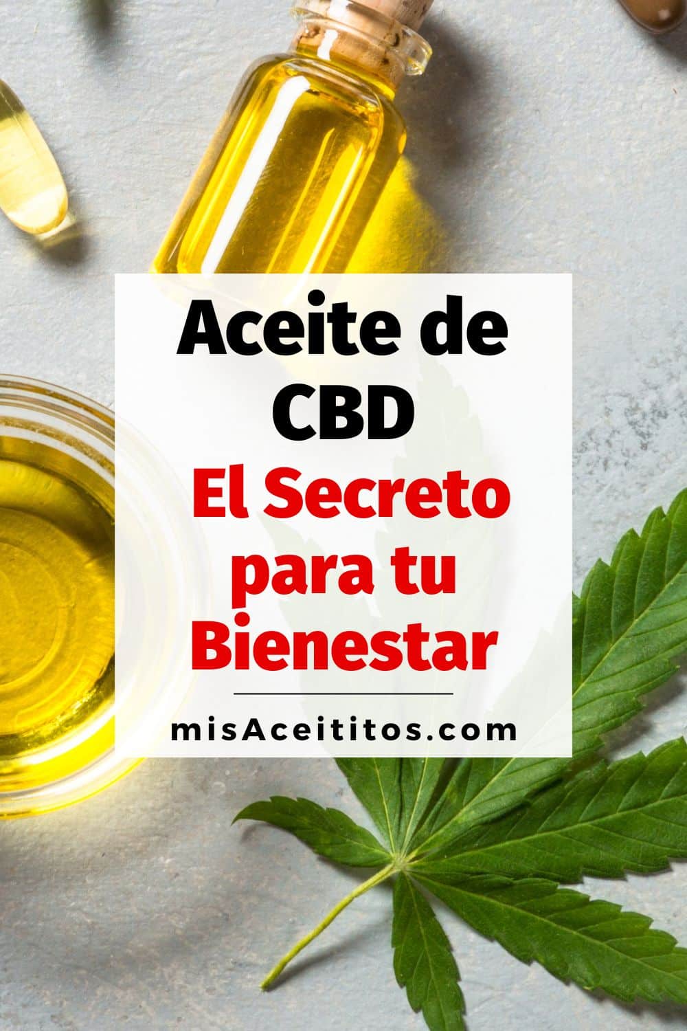 Aceite de CBD en frasco de cristal y hoja de cáñamo sobre fondo de mármol